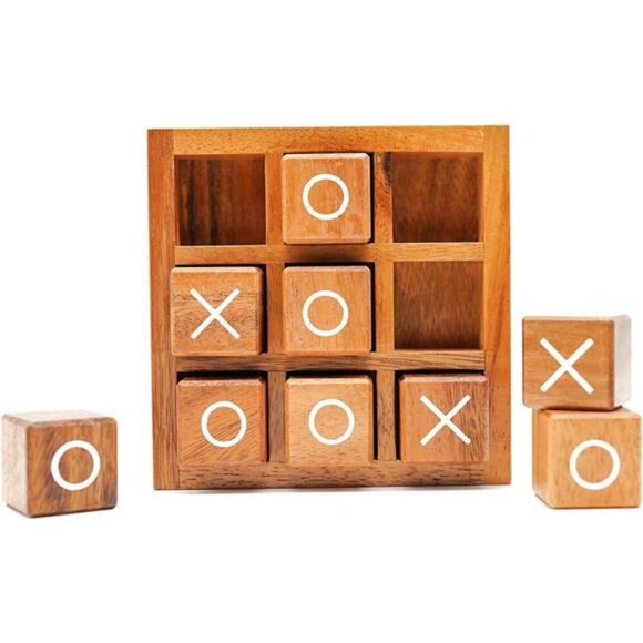 Wooden Tic Tac Toe Game XO Blocks Farmhouse Decor Coffee Table Gift 5.5 Inch - Picture 1 of 7
